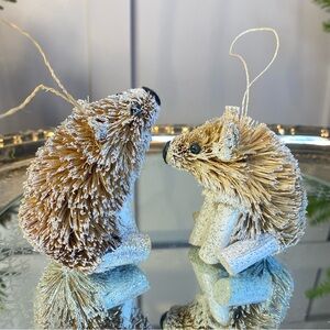 Set of 2 Hedgehog Ornaments Bristle Brush & Wood Forest Animal Nature Christmas